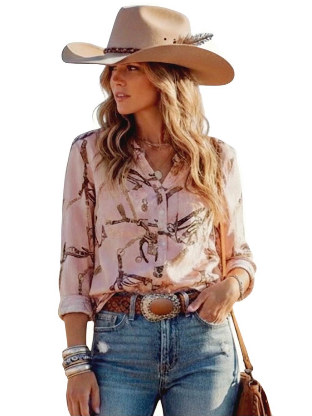 Robert Friedman SAMIRAL Equestrian Chain Print Blouse pink brown small NWT